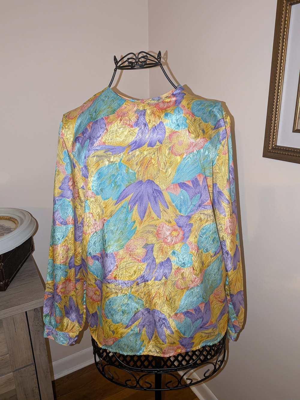 Vintage Bedford Fair Abstract Floral Satin Blouse Pastel Yellow Purple Teal M L